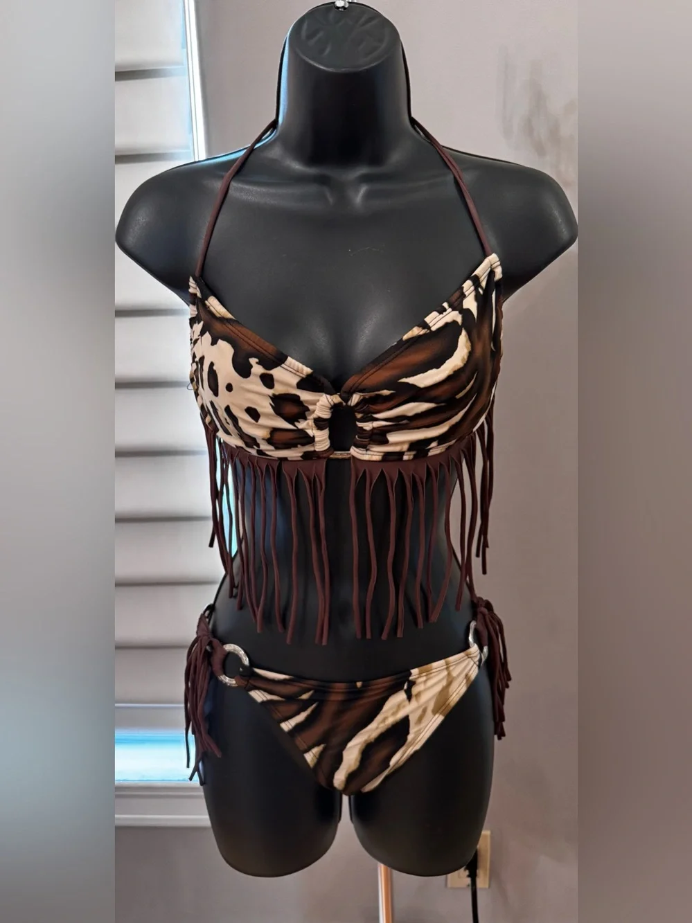 Carla’s Closet C-Girl Brown Fringe Leopard -Print Bikini